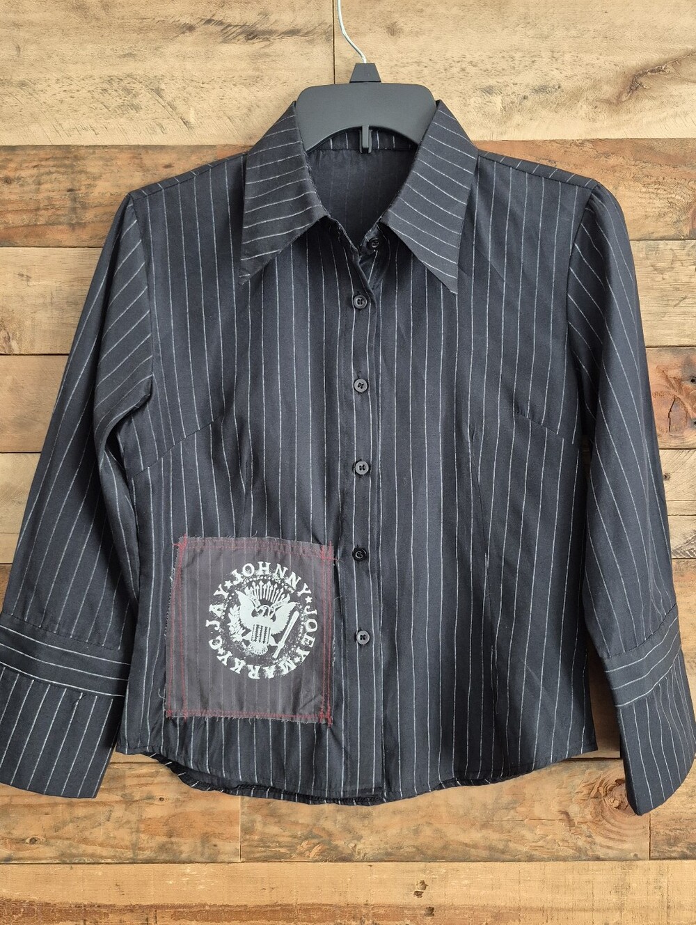 Upcycled Black Pinstripe Button Up Shirt Ramones Patch Punk Graphic Womens XS